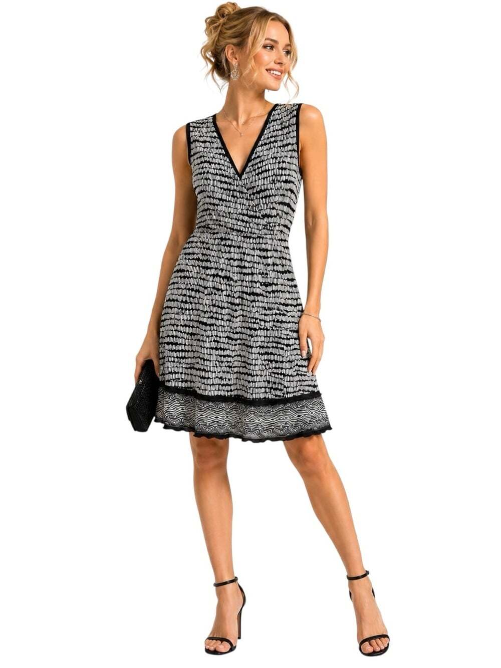Olsen Europe Black White Abstract Print Faux Wrap Dress XS V Neck Sleeveless